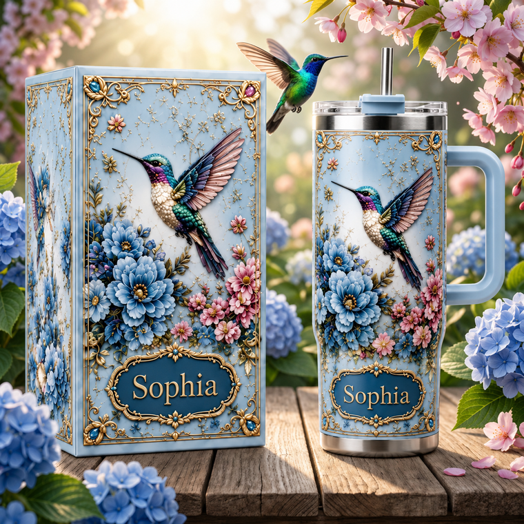 Vintage Hummingbird Garden – Personalized  40oz Tumbler With Handle