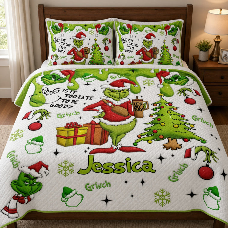 Green Monster Too Late To Be Good - Personalized Quilted Bedding Set TC100122