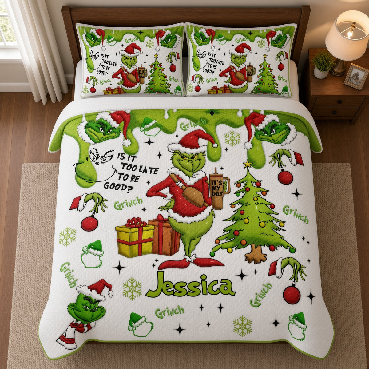 Green Monster Too Late To Be Good - Personalized Quilted Bedding Set TC100122