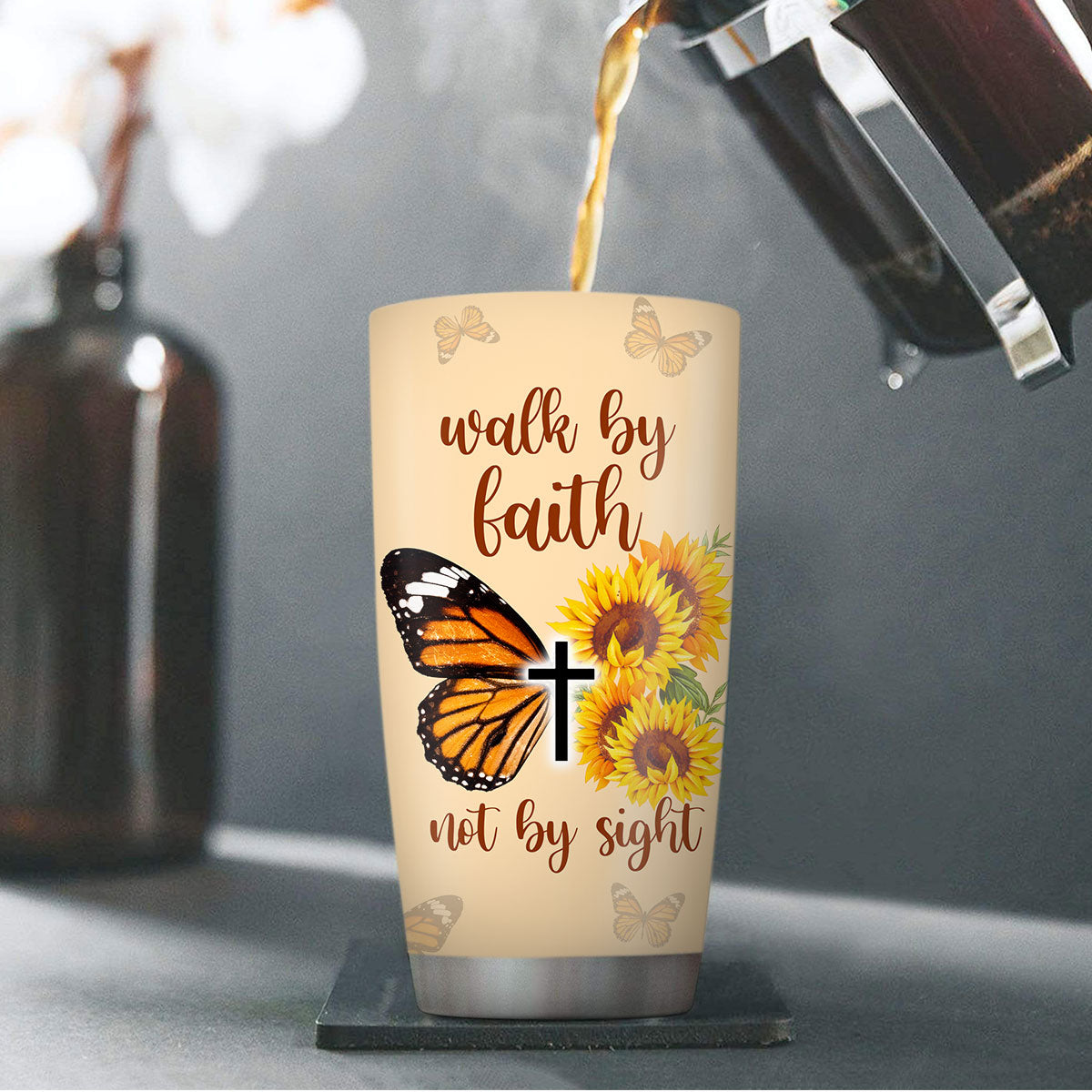 Walk By Faith - Inspirational Floral Stainless Steel Tumbler