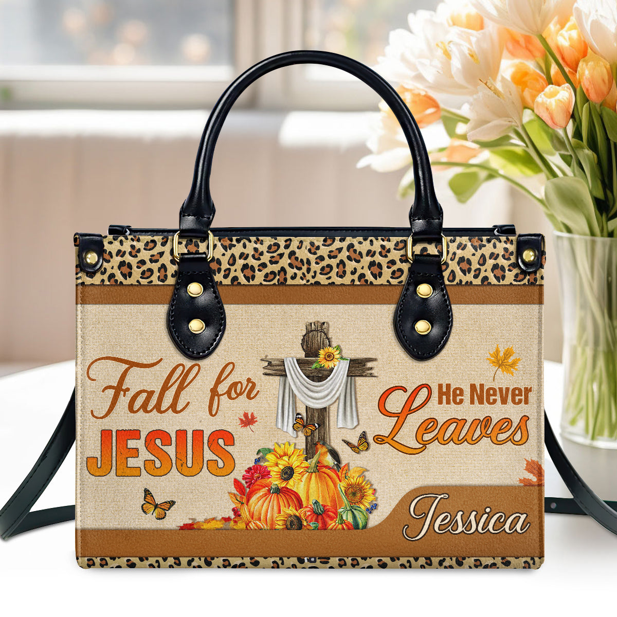 Fall For Jesus - Personalized Leather Handbag Christian Floral GMJSLB200082
