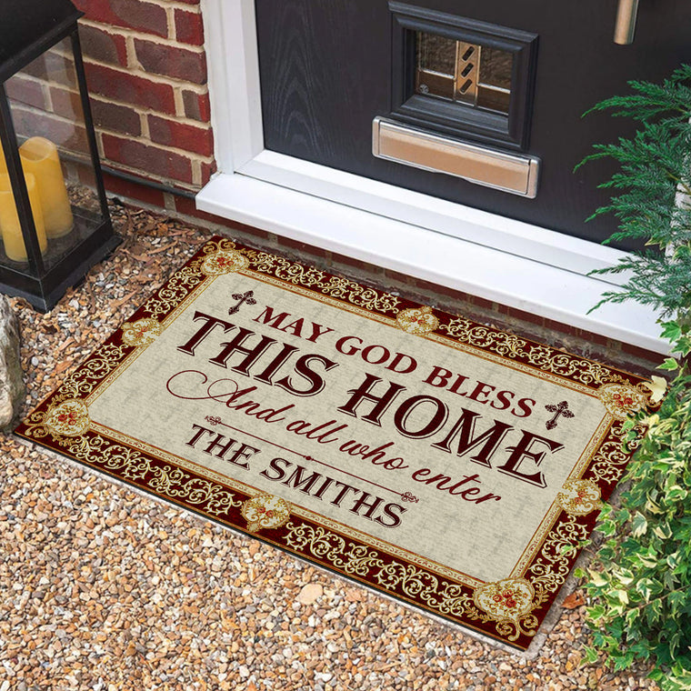 May God Bless This Home - Personalized Doormat