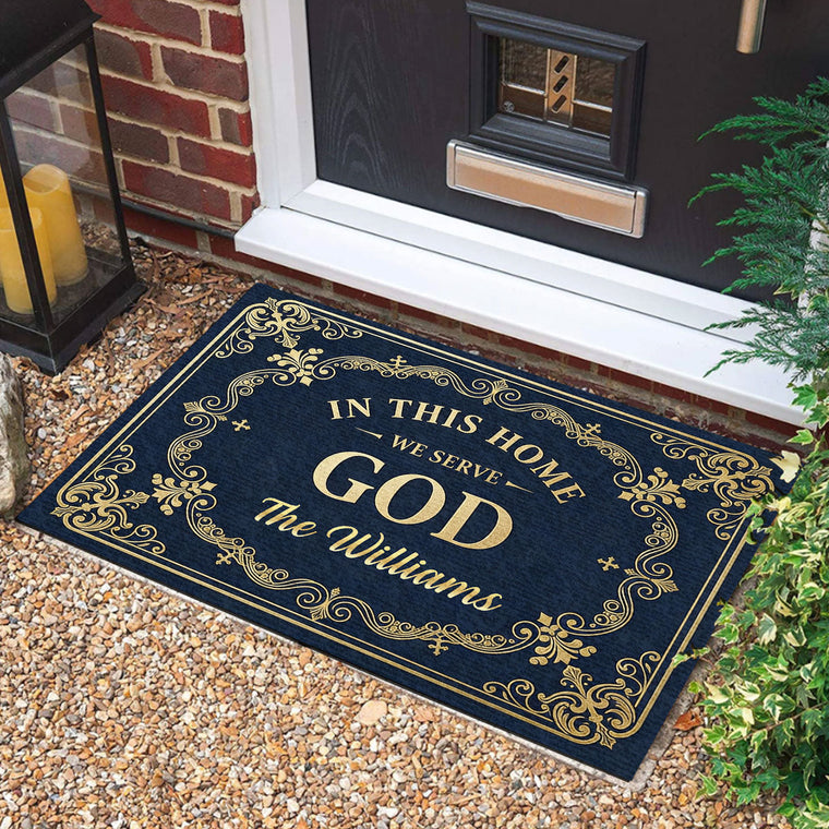 In This Home We Serve God - Personalized Doormat - Christian Faith Home Decor