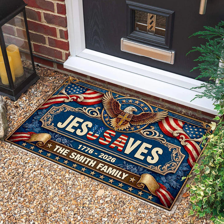 Jesus Saves Our Family - Personalized Doormat - Christian Home Decor GDMJS10004