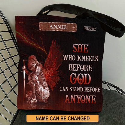 Who Kneels Before God - Personalized Christian Tote Bag GTTJS10199