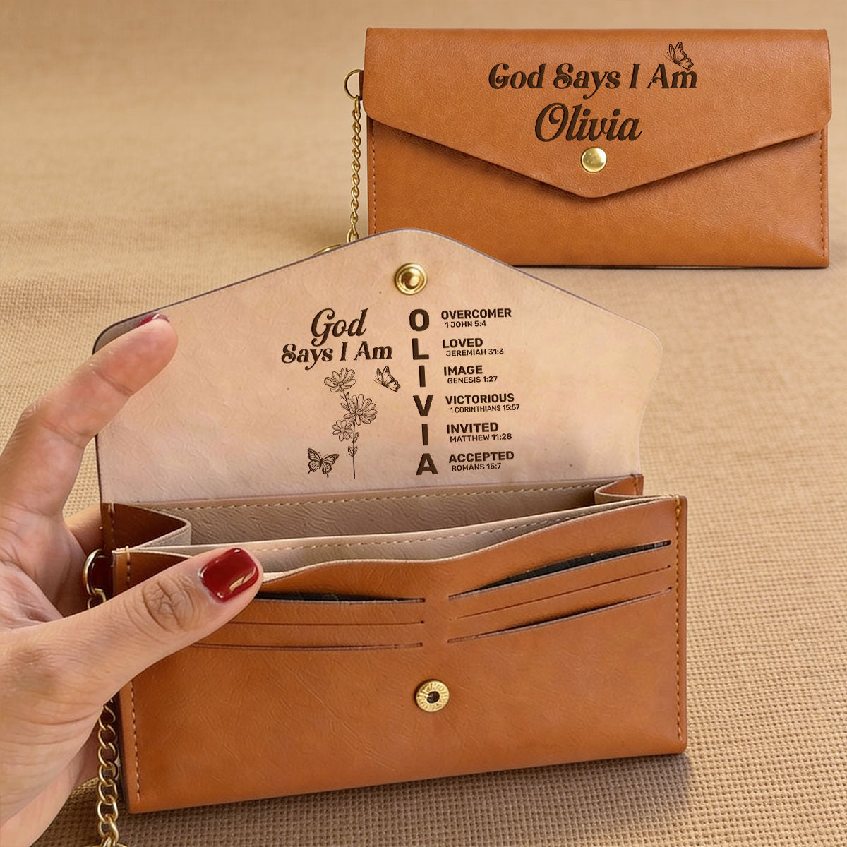 God Says I Am - Personalized Leather Envelope Wallet