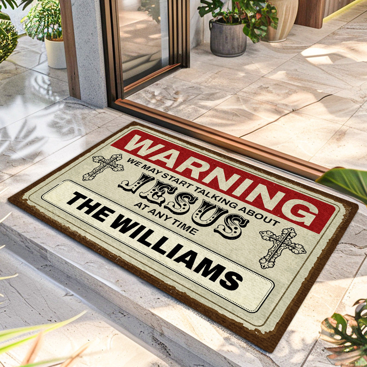 Warning We Talk About Jesus - Custom Doormat - Christian Home Decor