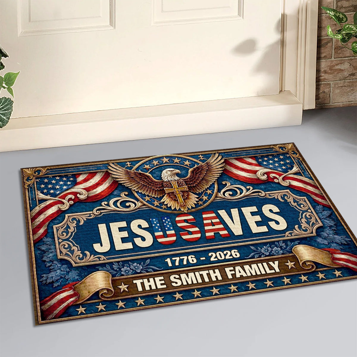 Jesus Saves Our Family - Personalized Doormat - Christian Home Decor GDMJS10004