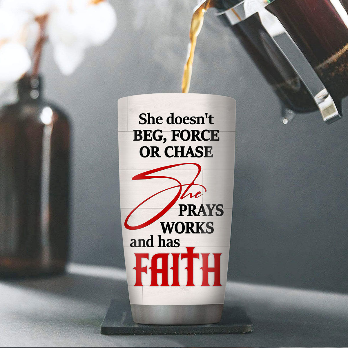 She Prays and Has Faith - Personalized Floral Cross Tumbler