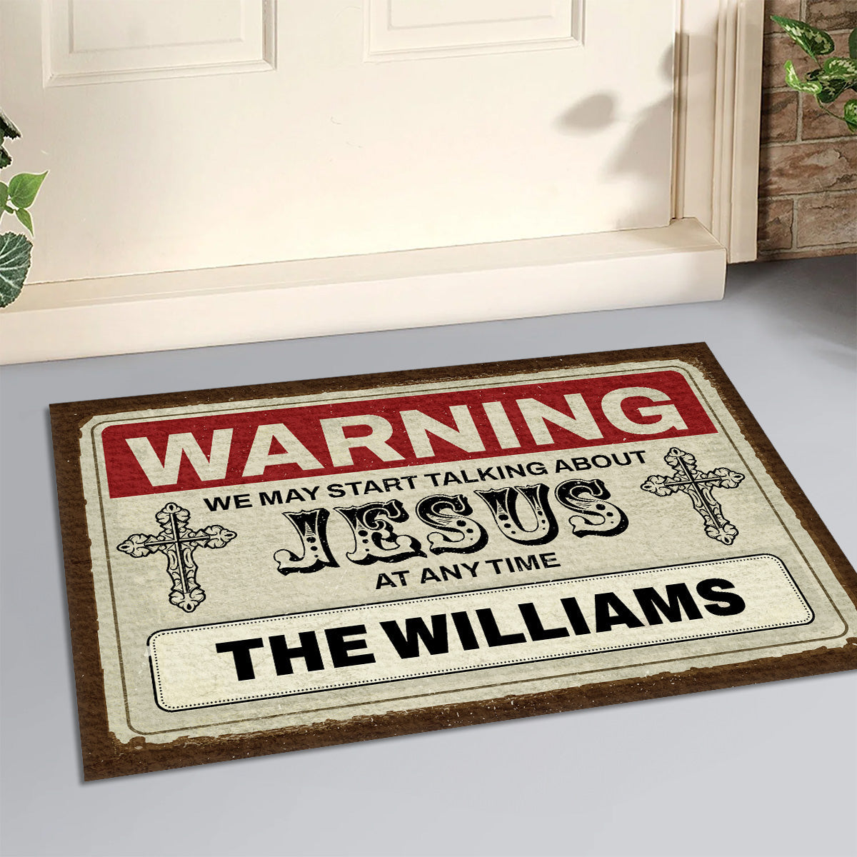 Warning We Talk About Jesus - Custom Doormat - Christian Home Decor