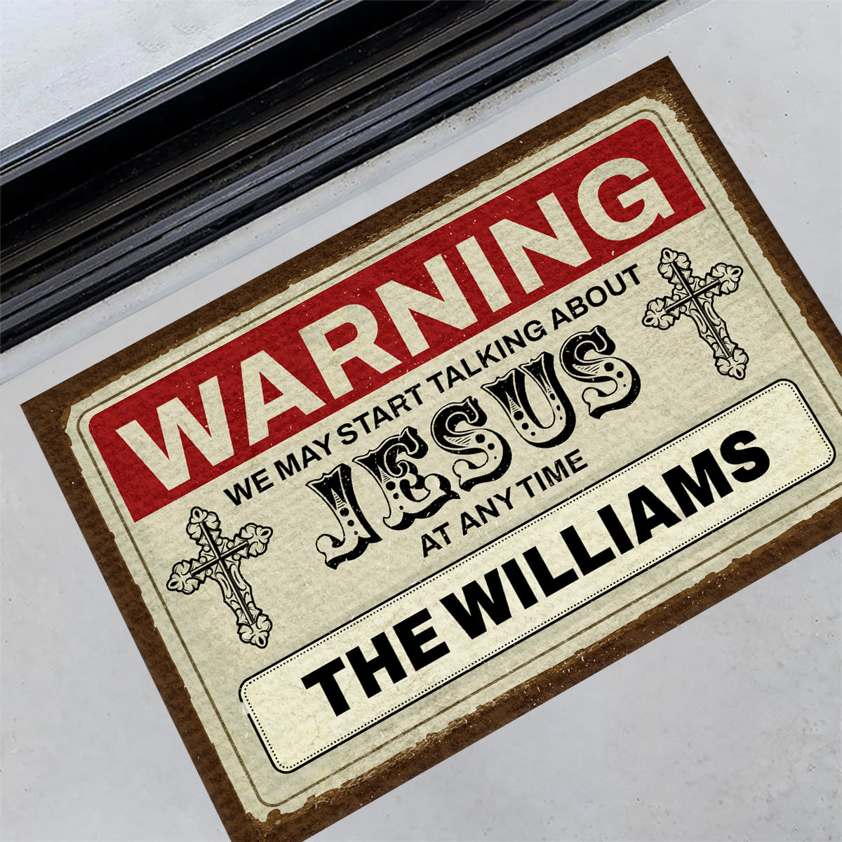 Warning We Talk About Jesus - Custom Doormat - Christian Home Decor