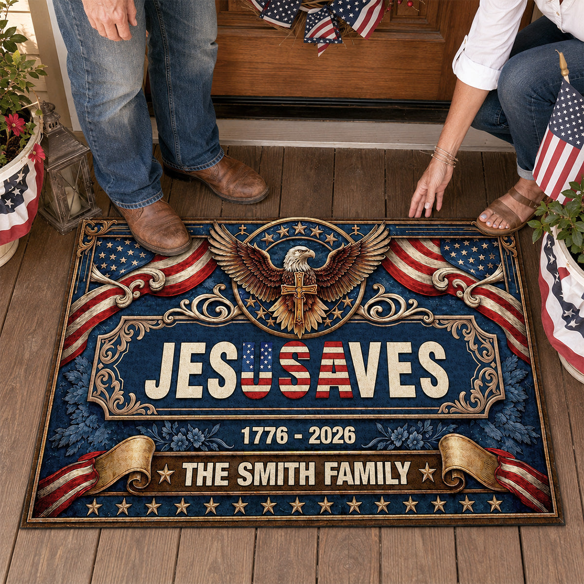 Jesus Saves Our Family - Personalized Doormat - Christian Home Decor GDMJS10004