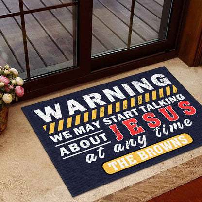 Warning We May Talk About Jesus - Personalized Doormat GDMJS10095