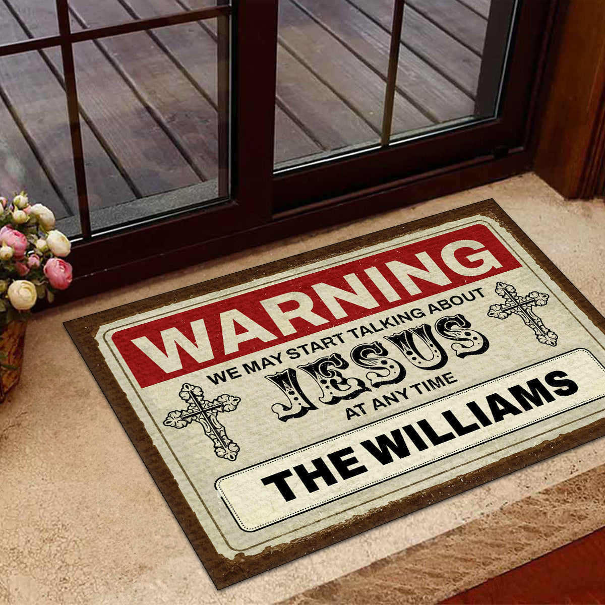 Warning We Talk About Jesus - Custom Doormat - Christian Home Decor