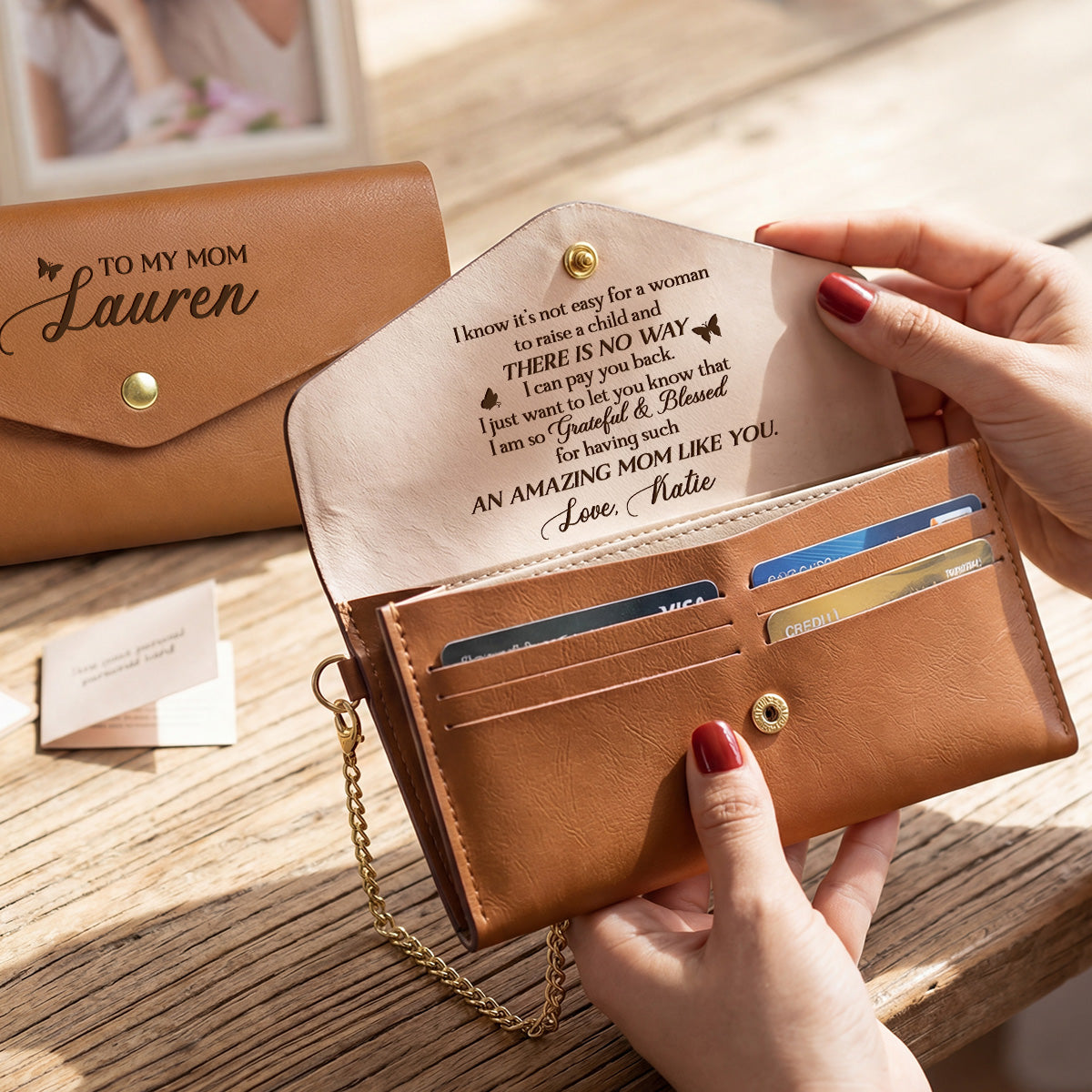 Blessed To Have You As My Mom - Personalized Leather Envelope Wallet