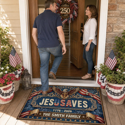 Jesus Saves Our Family - Personalized Doormat - Christian Home Decor GDMJS10004