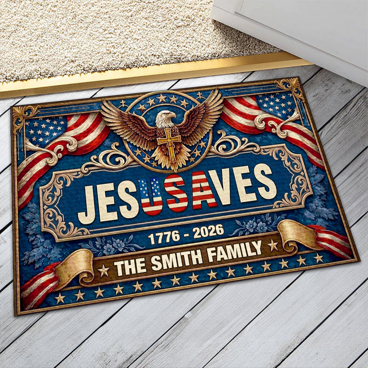 Jesus Saves Our Family - Personalized Doormat - Christian Home Decor GDMJS10004