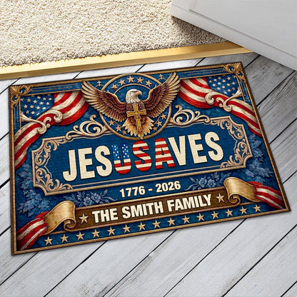 Jesus Saves Our Family - Personalized Doormat - Christian Home Decor GDMJS10004